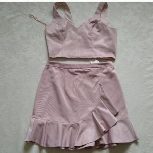 New🎀Crop top 2 piece set co-ords pink Mini skirt ruffle tulip faux wrap ottoman
